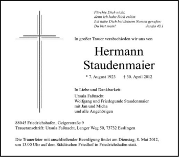 Anzeige von Hermann Staudenmaier von Schwäbische Zeitung