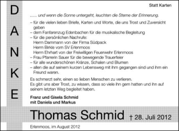 Anzeige von Thomas Schmid von Schwäbische Zeitung