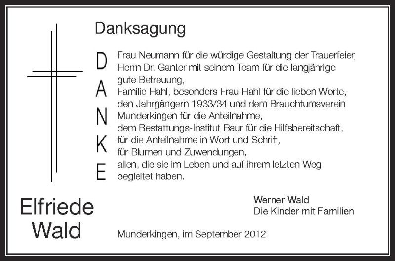  Traueranzeige für Elfriede  Wald vom 14.09.2012 aus Schwäbische Zeitung