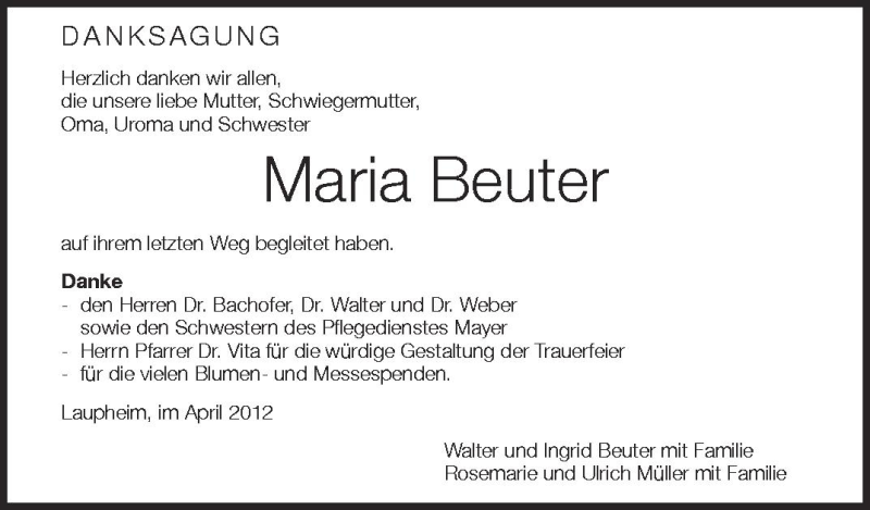  Traueranzeige für Maria Beuter vom 13.04.2012 aus Schwäbische Zeitung