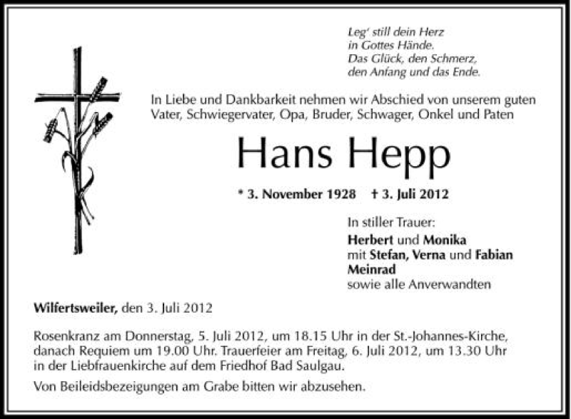  Traueranzeige für Hans Hepp vom 04.07.2012 aus Schwäbische Zeitung