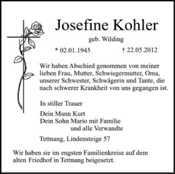 Anzeige von Josefine Kohler von Schwäbische Zeitung