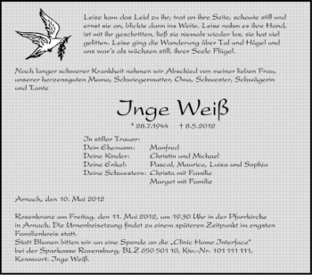 Anzeige von Inge Weiß von Schwäbische Zeitung