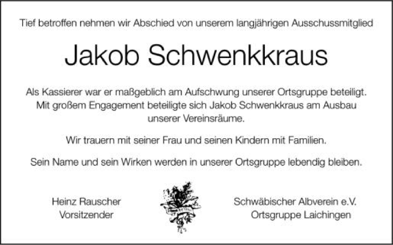  Traueranzeige für Jakob Schwenkkraus vom 18.04.2012 aus Schwäbische Zeitung