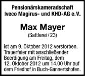 Anzeige von Max Mayer von Schwäbische Zeitung