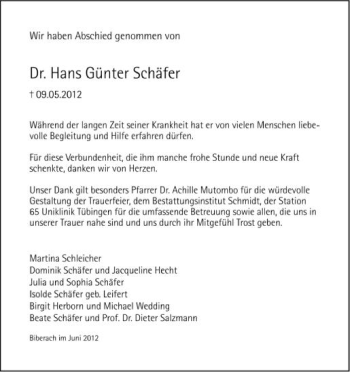 Anzeige von Hans Günter Schäfer von Schwäbische Zeitung