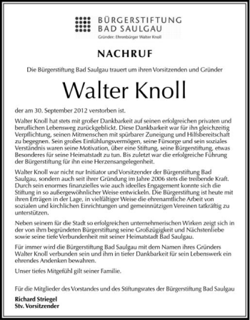Anzeige von Walter Knoll von Schwäbische Zeitung
