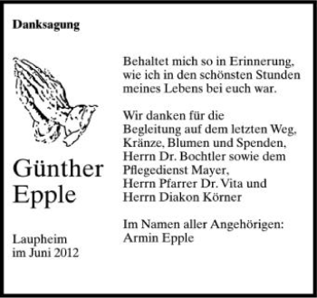 Anzeige von Günther Epple von Schwäbische Zeitung