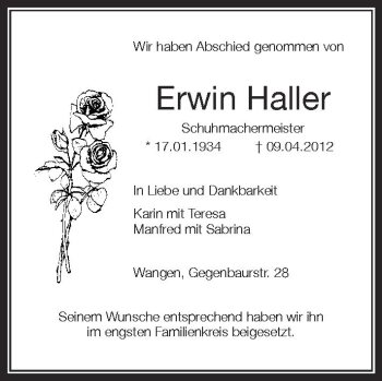 Anzeige von Erwin Haller von Schwäbische Zeitung