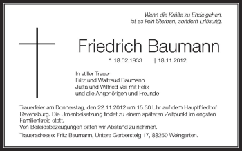 Anzeige von Friedrich Baumann von Schwäbische Zeitung