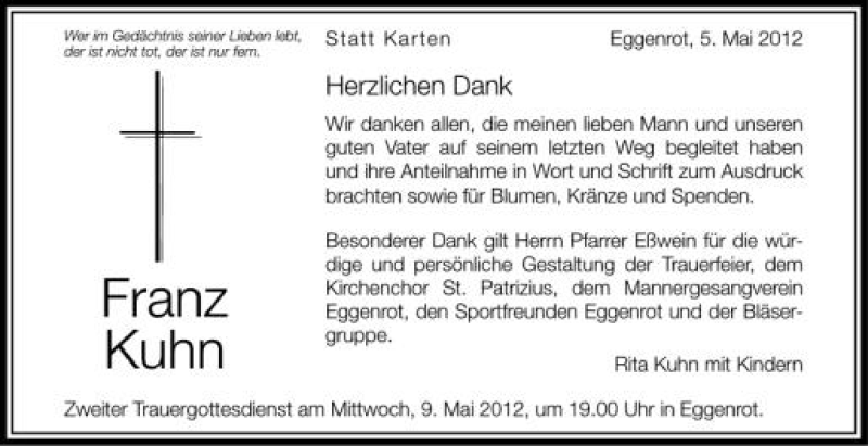  Traueranzeige für Franz Kuhn vom 05.05.2012 aus Schwäbische Zeitung