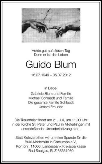 Anzeige von Guido Blum von Schwäbische Zeitung