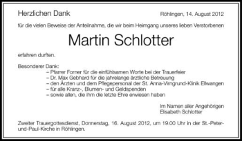 Anzeige von Martin Schlotter von Schwäbische Zeitung