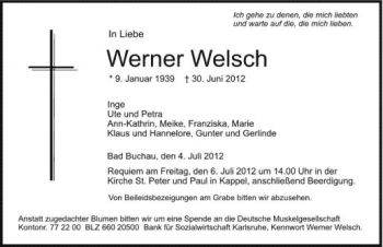 Anzeige von Werner Welsch von Schwäbische Zeitung