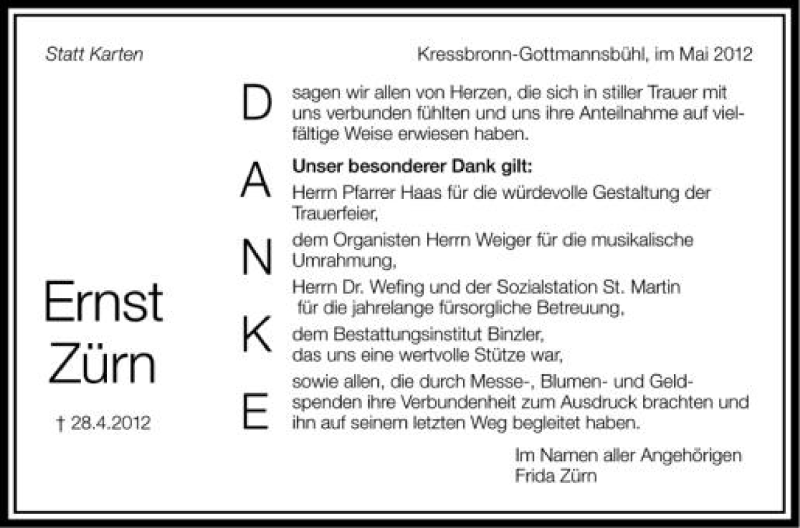  Traueranzeige für Ernst Zürn vom 16.05.2012 aus Schwäbische Zeitung