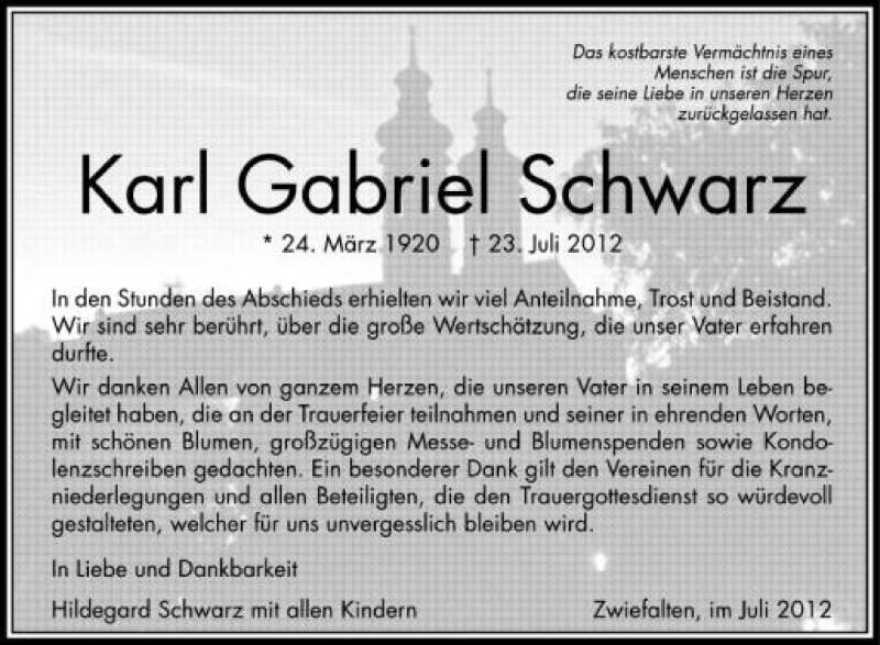  Traueranzeige für Karl Gabriel Schwarz vom 04.08.2012 aus Schwäbische Zeitung
