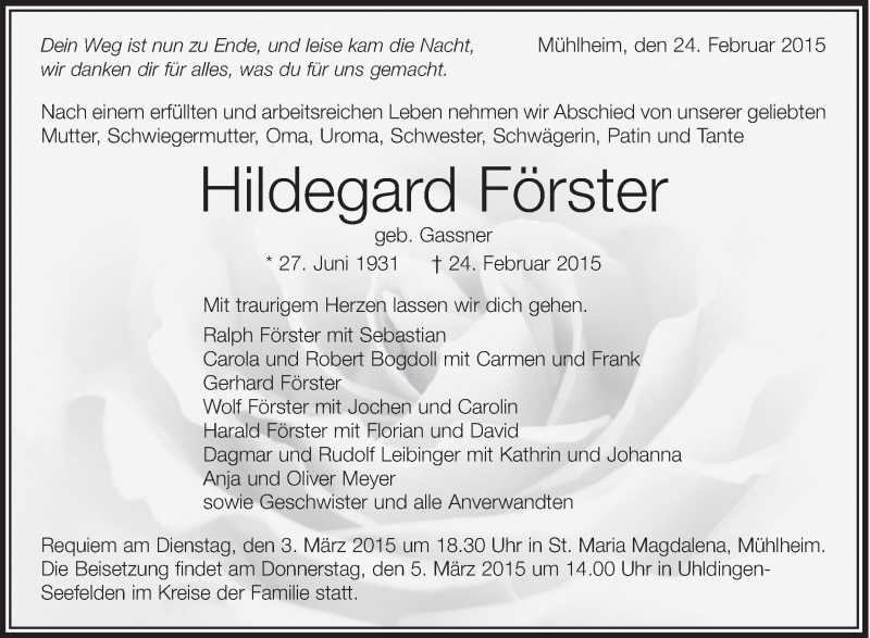  Traueranzeige für Hildegard Förster vom 28.02.2015 aus Schwäbische Zeitung