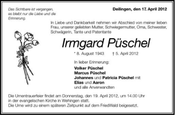 Anzeige von Irmgard Püschel von Schwäbische Zeitung