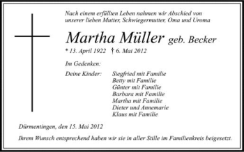 Anzeige von Martha Müller von Schwäbische Zeitung