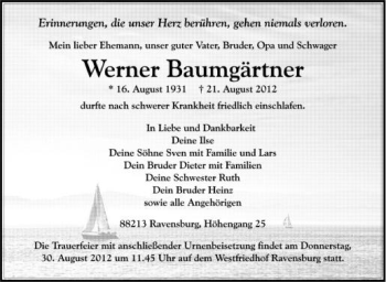 Anzeige von Werner Baumgärtner von Schwäbische Zeitung