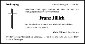 Anzeige von Franz Jillich von Schwäbische Zeitung