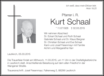 Anzeige von Kurt Schaal von Schwäbische Zeitung