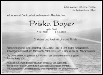 Anzeige von Priska Bayer von Schwäbische Zeitung