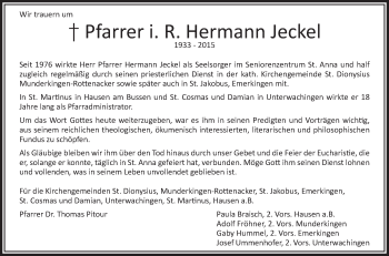 Anzeige von Hermann Jeckel von Schwäbische Zeitung