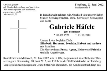 Anzeige von Gabriele Häfele von Schwäbische Zeitung