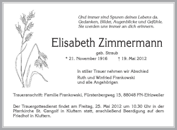 Anzeige von Elisabeth Zimmermann von Schwäbische Zeitung