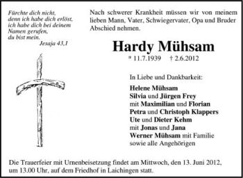 Anzeige von Hardy Mühsam von Schwäbische Zeitung
