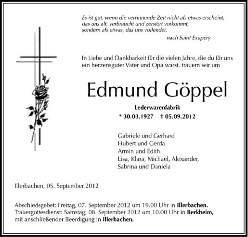  Traueranzeige für Edmund Göppel vom 07.09.2012 aus Schwäbische Zeitung