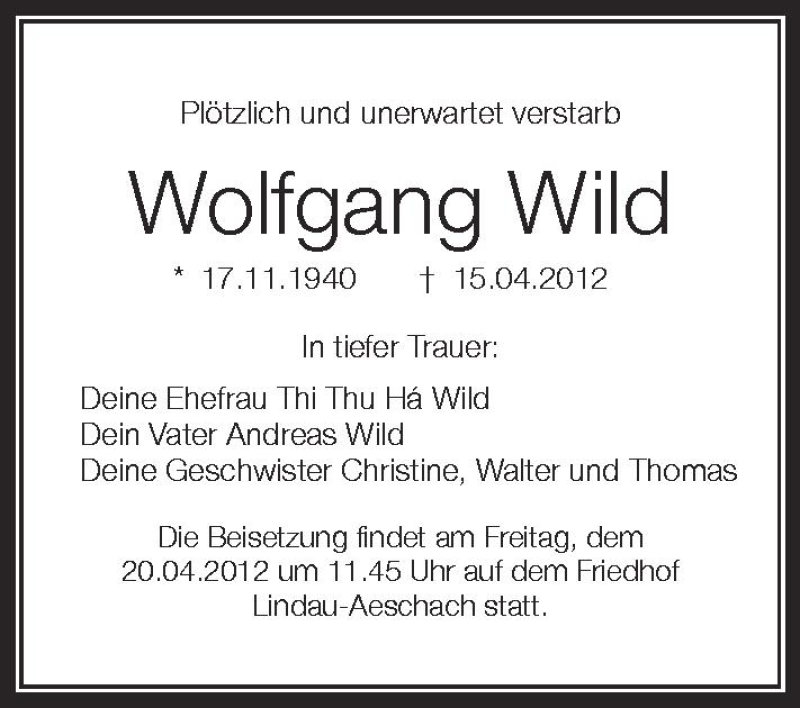  Traueranzeige für Wolfgang Wild vom 18.04.2012 aus Schwäbische Zeitung