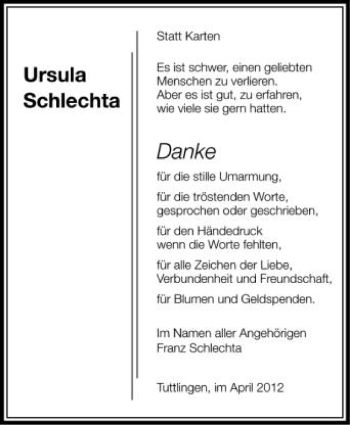 Anzeige von Ursula Schlechta von Schwäbische Zeitung