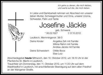 Anzeige von Josefine Jäckle von Schwäbische Zeitung