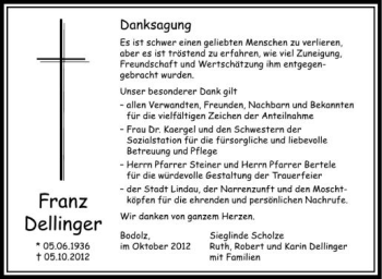 Anzeige von Franz Dellinger von Schwäbische Zeitung