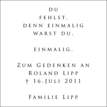 Anzeige von Roland Lipp von Schwäbische Zeitung