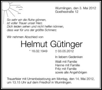 Anzeige von Helmut Gütinger von Schwäbische Zeitung