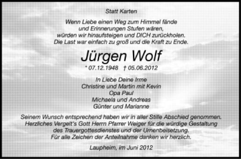 Anzeige von Jürgen Wolf von Schwäbische Zeitung