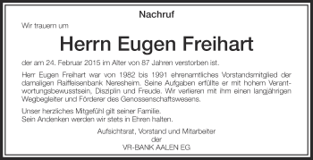 Anzeige von Eugen Freihart von Schwäbische Zeitung