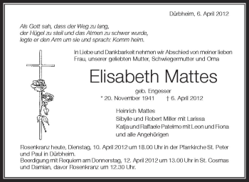 Anzeige von Elisabeth Mattes von Schwäbische Zeitung