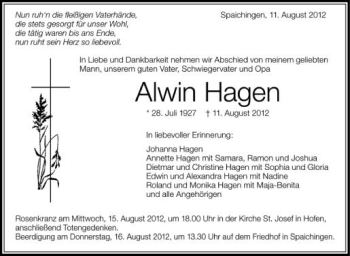 Anzeige von Alwin Hagen von Schwäbische Zeitung