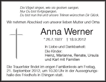 Anzeige von Anna Werner von Schwäbische Zeitung