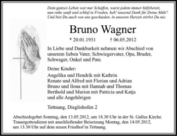 Anzeige von Bruno Wagner von Schwäbische Zeitung