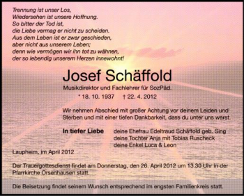 Anzeige von Josef Schäffold von Schwäbische Zeitung