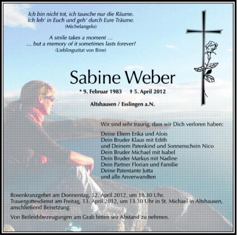  Traueranzeige für Sabine Weber vom 11.04.2012 aus Schwäbische Zeitung