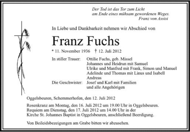  Traueranzeige für Franz  Fuchs vom 16.07.2012 aus Schwäbische Zeitung