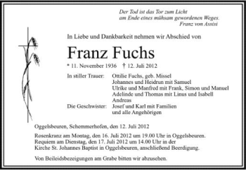 Anzeige von Franz  Fuchs von Schwäbische Zeitung