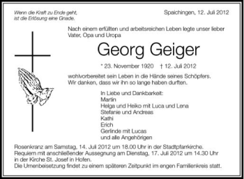 Anzeige von Georg Geiger von Schwäbische Zeitung