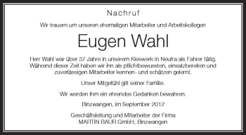 Anzeige von Eugen Wahl von Schwäbische Zeitung